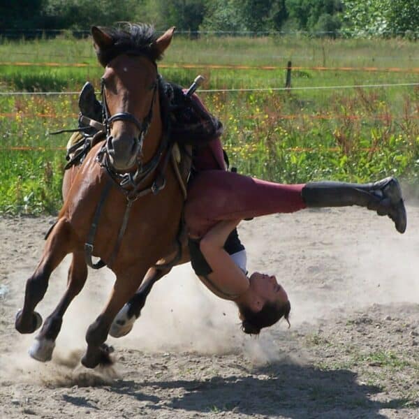 Jeune acrobate équestre en plein entraînement perfectionnant ses figures sur un cheval calme et patient