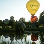 Des montgolfières de différentes couleurs et formes réunies pour un festival de montgolfières