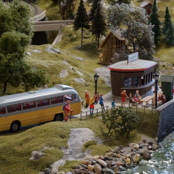 Diorama représentant un car emmenant des personnes prendre un bateau depuis un ponton